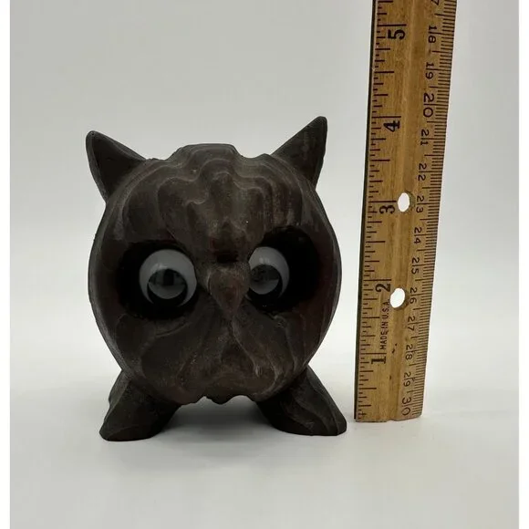 Vintage Owl Figurine Carved Wood Googly Eyes Mid Century Modern Kitsch Horned - Picture 9 of 9